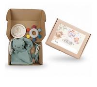 Coffret Naissance 6 Pièces Mixte - Cadeau Baby Shower - Doudou Lapin coton bio, Bavoir, Attache-Tétine, Anneau Dentition bois & silicone sans BPA, Pochette, Disque Hello World - Cadeau CHANSENY®