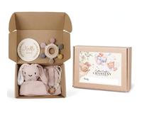 Coffret Naissance 6 Pièces Mixte - Cadeau Baby Shower - Doudou Lapin coton bio, Bavoir, Attache-Tétine, Anneau Dentition bois & silicone sans BPA, Pochette, Disque Hello World - Cadeau CHANSENY®