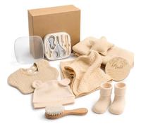 Coffret Naissance 8 en 1 Kaki Mixte Garçon Fille Présent Pour Nouveau-Né | Boîte Baby Shower Couverture Mousseline Doudou Étoile Bavoir Bonnet Chaussettes Brosse en Bois Kit Manucure Plaque Souvenir