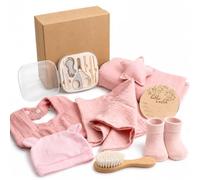 Coffret Naissance 8 en 1 Rose Mixte Fille Garçon Présent Pour Nouveaux Nés | Boîte Baby Shower avec Couverture Mousseline Doudou Étoile Bavoir Bonnet Brosse en Bois Kit Soin Ongles Plaque Souvenir