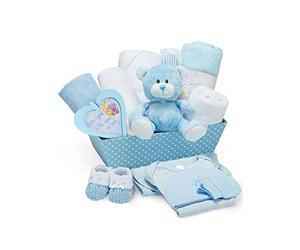 Coffret Naissance Bleu pour Bébés Garçons - Kit de naissance avec Vêtements Bebe Garcon, Lange en Polaire, Serviette avec Capuche 2 Étoffes en Mousseline et un Adorable Ourson en Peluche