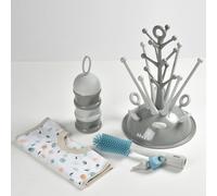 BEABA, Coffret naissance, Egoutte biberon arbre grey + Boite doseuses light/dark mist + Goupillon silicone + Bavoir coton tropical gris TU
