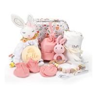 Coffret Naissance Mixte, Cadeau Bebe Naissance avec Jouet Doudou Bébé Hochet Couverture Bavoir Étapes Chaussettes Gants pour Garçons et Filles (Lapin Rose)