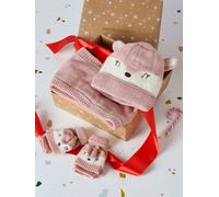 Coffret Noël fille bonnet + snood + moufles/mitaines bichette rose poudré 12/14A