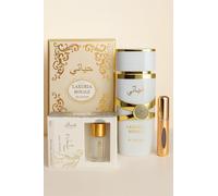 Coffret Parfum Yara Blanc Eau de Parfum 100 ml + Musc Tahara Rose Bonbon + Vaporisateur Rechargeable Offert - Parfum Oriental Floral Longue Tenue Femme