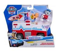 Coffret pat patrouille search & rescue : camion ambulance + marcus + chat - set figurine + véhicule sauvetage + carte tigre