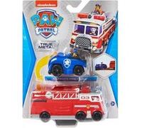 Coffret pat patrouille véhicule en métal : le camion pompier marcus 13 cm + voiture police chase 7 cm - miniature rouge - bleu