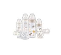 NUK ensemble de biberons First Choice+ Perfect Start, goupillon et sucette Genius | 0-6 mois | tétines en silicone | contrôle de la température | sans BPA | transparent [garçon/fille] | 10 unités