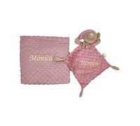Coffret personnalisée avec nom brodé: Couverture bébé 80x110 cm + Doudou 25x25 cm. Toucher velours - Cadeaux pour bébés nouveaux-né - Nenel (Misty Rose)