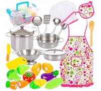 Coffret Petit Chef 24 pièces Kinderplay - Set cuisine enfants (3-7 ans) avec casseroles métal légumes à scratch tablier