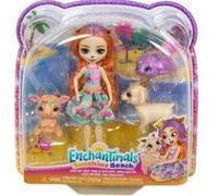 Coffret plage enchantimals - famille golita chèvre - poupee 15cm - figurines et 3 animaux - set jouet + carte