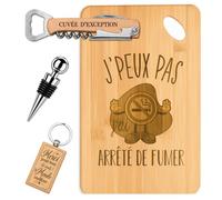 Coffret Planche à Découper J'peux pas J'ai Arrêté de Fumer | Bambou Gravé, Tire-Bouchon, Bouchon à Vin, Porte-Clés | 4 Pièces | Cadeau Anniversaire Fête des Pères Noël Homme Original Humour