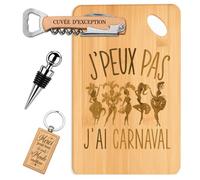 Coffret Planche à Découper J'peux pas J'ai Carnaval | Bambou Gravé, Tire-Bouchon, Bouchon à Vin, Porte-Clés | 4 Pièces | Cadeau Anniversaire Fête des Pères Noël Homme Original Humour
