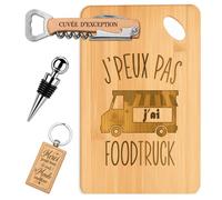 Coffret Planche à Découper J'peux pas J'ai Foodtruck | Bambou Gravé, Tire-Bouchon, Bouchon à Vin, Porte-Clés | 4 Pièces | Cadeau Anniversaire Fête des Pères Noël Homme Original Humour