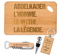 Coffret Planche Apéro Abdelkader Mythe Légende | Bambou Gravé, Tire-Bouchon, Bouchon à Vin, Porte-Clés | 4 Pièces | Cadeau Anniversaire Fête des Pères Noël