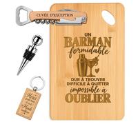 Coffret Planche Apéro Barman Impossible à Oublier | Bambou Gravé, Tire-Bouchon, Bouchon à Vin, Porte-Clés | 4 Pièces | Cadeau Collègue Départ Retraite R
