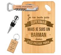 Coffret Planche Apéro Barman Super-Héros | Bambou Gravé, Tire-Bouchon, Bouchon à Vin, Porte-Clés | 4 Pièces | Cadeau Collègue Départ Retrait