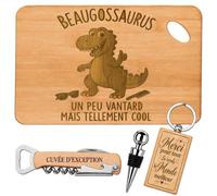 Coffret Planche Apéro Beaugossaurus Vantard mais Cool | Bambou Gravé, Tire-Bouchon, Bouchon à Vin, Porte-Clés | 4 Pièces | Cadeau Anniversaire Noël