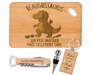 Coffret Planche Apéro Beaugossaurus Vantard mais Cool | Bambou Gravé, Tire-Bouchon, Bouchon à Vin, Porte-Clés | 4 Pièces | Cadeau Anniversaire Noël