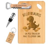 Coffret Planche Apéro Bellotosaurus Tellement Cool | Bambou Gravé, Tire-Bouchon, Bouchon à Vin, Porte-Clés | 4 Pièces | Cadeau Passionné Anniversaire Noël
