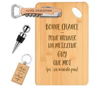Coffret Planche Apéro Bonne Chance Guy | Bambou Gravé, Tire-Bouchon, Bouchon à Vin, Porte-Clés | 4 Pièces | Cadeau Anniversaire Fête des Père