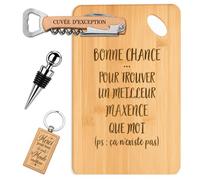 Coffret Planche Apéro Bonne Chance Maxence | Bambou Gravé, Tire-Bouchon, Bouchon à Vin, Porte-Clés | 4 Pièces | Cadeau Anniversaire Fête des