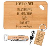Coffret Planche Apéro Bonne Chance Papy | Bambou Gravé, Tire-Bouchon, Bouchon à Vin, Porte-Clés | 4 Pièces | Cadeau Fête des Grands-Pères Anniversaire Noël