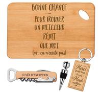 Coffret Planche Apéro Bonne Chance Rémi | Bambou Gravé, Tire-Bouchon, Bouchon à Vin, Porte-Clés | 4 Pièces | Cadeau Anniversaire Fête des Pèr