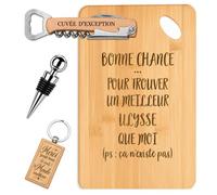 Coffret Planche Apéro Bonne Chance Ulysse | Bambou Gravé, Tire-Bouchon, Bouchon à Vin, Porte-Clés | 4 Pièces | Cadeau Anniversaire Fête des P