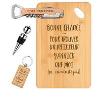 Coffret Planche Apéro Bonne Chance Yannick | Bambou Gravé, Tire-Bouchon, Bouchon à Vin, Porte-Clés | 4 Pièces | Cadeau Anniversaire Fête des