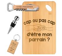 Coffret Planche Apéro Cap ou Pas Cap d'Être Mon Parrain | Bambou Gravé, Tire-Bouchon, Bouchon à Vin, Porte-Clés | 4 Pièces | Cadeau Baptême Anniversaire Noël