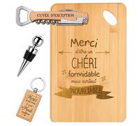 Coffret Planche Apéro Chéri Inoubliable | Bambou Gravé, Tire-Bouchon, Bouchon à Vin, Porte-Clés | 4 Pièces | Cadeau Saint-Valentin Anniversaire Couple Noël