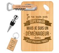 Coffret Planche Apéro Déménageur Super-Héros | Bambou Gravé, Tire-Bouchon, Bouchon à Vin, Porte-Clés | 4 Pièces