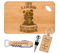 Coffret Planche Apéro Eden a un Grain | Bambou Gravé, Tire-Bouchon, Bouchon à Vin, Porte-Clés | 4 Pièces | Cadeau Anniversaire Fête des Pères Noël