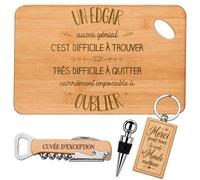 Coffret Planche Apéro Edgar aussi Génial | Bambou Gravé, Tire-Bouchon, Bouchon à Vin, Porte-Clés | 4 Pièces