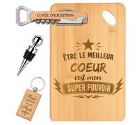 Coffret Planche Apéro Être le Meilleur Cœur | Bambou Gravé, Tire-Bouchon, Bouchon à Vin, Porte-Clés | 4 Pièces | Cadeau Saint-Valentin Anniversaire Couple Noël