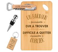 Coffret Planche Apéro Formidable Barman | Bambou Gravé, Tire-Bouchon, Bouchon à Vin, Porte-Clés | 4 Pièces | Cadeau Collègue Départ Retraite R