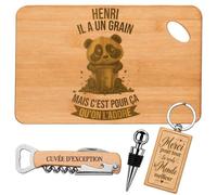 Coffret Planche Apéro Henri a un Grain | Bambou Gravé, Tire-Bouchon, Bouchon à Vin, Porte-Clés | 4 Pièces | Cadeau Anniversaire Fête des Pères Noël