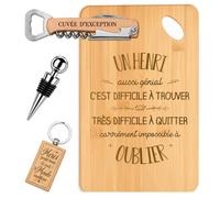 Coffret Planche Apéro Henri aussi Génial | Bambou Gravé, Tire-Bouchon, Bouchon à Vin, Porte-Clés | 4 Pièces