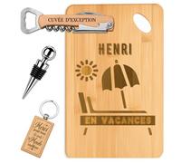 Coffret Planche Apéro Henri en Vacances | Bambou Gravé, Tire-Bouchon, Bouchon à Vin, Porte-Clés | 4 Pièces | Cadeau Anniversaire Fête des Pères Noël
