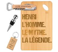 Coffret Planche Apéro Henri Mythe Légende | Bambou Gravé, Tire-Bouchon, Bouchon à Vin, Porte-Clés | 4 Pièces | Cadeau Anniversaire Fête des Pères Noël