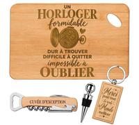 Coffret Planche Apéro Horloger Impossible à Oublier | Bambou Gravé, Tire-Bouchon, Bouchon à Vin, Porte-Clés | 4 Pièces | Cadeau Collègue Départ Retraite