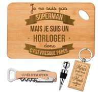 Coffret Planche Apéro Horloger Super-Héros | Bambou Gravé, Tire-Bouchon, Bouchon à Vin, Porte-Clés | 4 Pièces | Cadeau Collègue Départ Retra