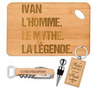 Coffret Planche Apéro Ivan Mythe Légende | Bambou Gravé, Tire-Bouchon, Bouchon à Vin, Porte-Clés | 4 Pièces | Cadeau Anniversaire Fête des Pères Noël