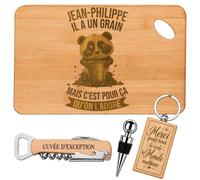 Coffret Planche Apéro Jean-Philippe a un Grain | Bambou Gravé, Tire-Bouchon, Bouchon à Vin, Porte-Clés | 4 Pièces | Cadeau Anniversaire Fête des Pères Noël