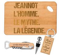 Coffret Planche Apéro Jeannot Mythe Légende | Bambou Gravé, Tire-Bouchon, Bouchon à Vin, Porte-Clés | 4 Pièces | Cadeau Anniversaire Fête des Pères Noël