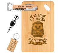 Coffret Planche Apéro Le Collègue a un Grain | Bambou Gravé, Tire-Bouchon, Bouchon à Vin, Porte-Clés | 4 Pièces | Cadeau Départ Retraite Remerciement