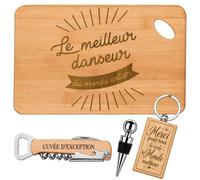 Coffret Planche Apéro Meilleur Danseur du Monde | Bambou Gravé, Tire-Bouchon, Bouchon à Vin, Porte-Clés | 4 Pièces | Cadeau Collègue Départ Retraite Remerciement