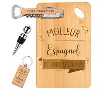 Coffret Planche Apéro Meilleur Espagnol de Tous les Temps | Bambou Gravé, Tire-Bouchon, Bouchon à Vin, Porte-Clés | 4 Pièces | Cadeau Anniversaire Fête des Pères Noël