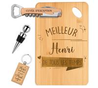 Coffret Planche Apéro Meilleur Henri de Tous les Temps | Bambou Gravé, Tire-Bouchon, Bouchon à Vin, Porte-Clés | 4 Pièces | Cadeau Anniversaire Fête des Pères Noël